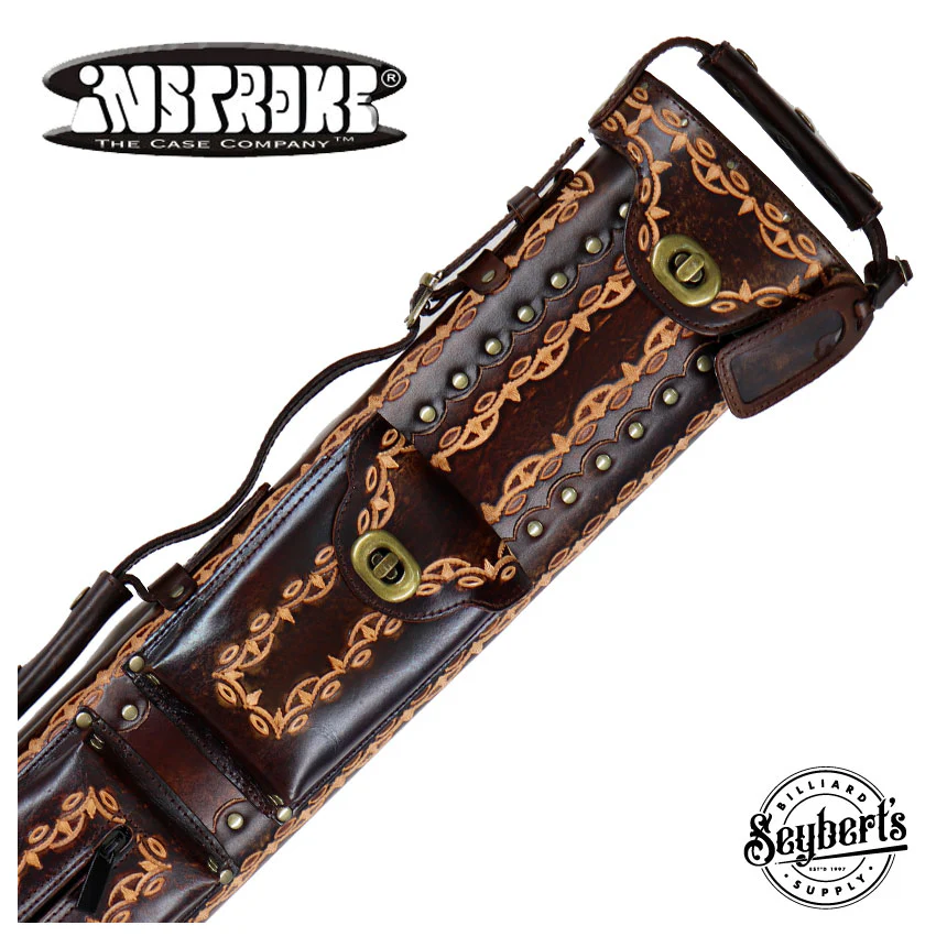 Instroke D01 Dark Brown Hand Tooled 2x4 Pool Cue Case - 24D01DBH