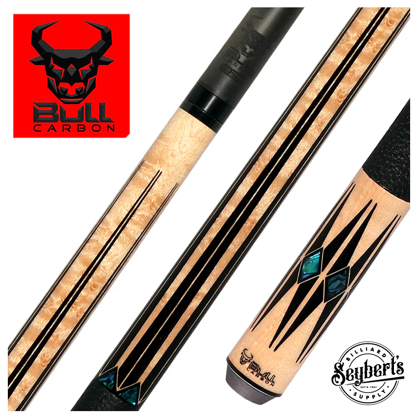 Bull Carbon Birdseye Maple with Black Points and Abalone Inlays Play Cue with Textured Leather Wrap