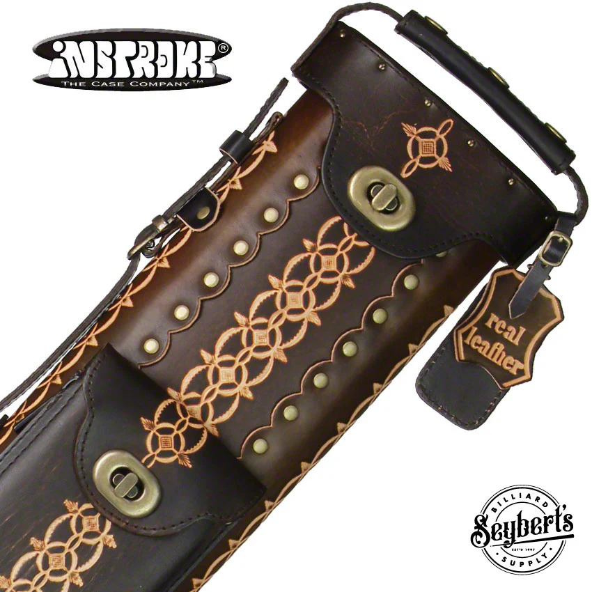 Instroke Saddle Dark Brown D05 Hand Tooled 2x4 Pool Cue Case - 24D05DBH