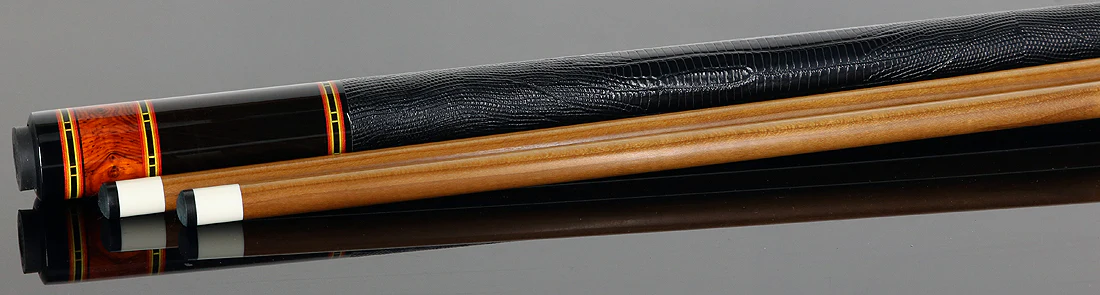 Jim Pierce Custom Cues - Gabon Ebony Forearm with 6 Mexican Cocobolo Points and Black Lizard Leather Wrap - 2 Keilwood Shafts - Image 3