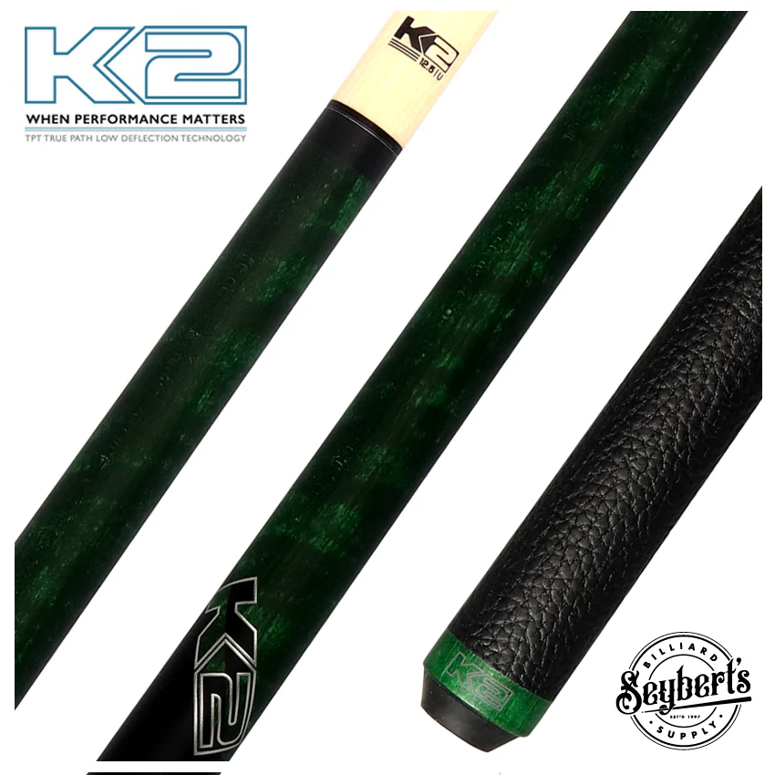 K2 Matte Green-Stained Maple Pool Cue with Leather Wrap and 12.50mm LD Shaft - KLCGN