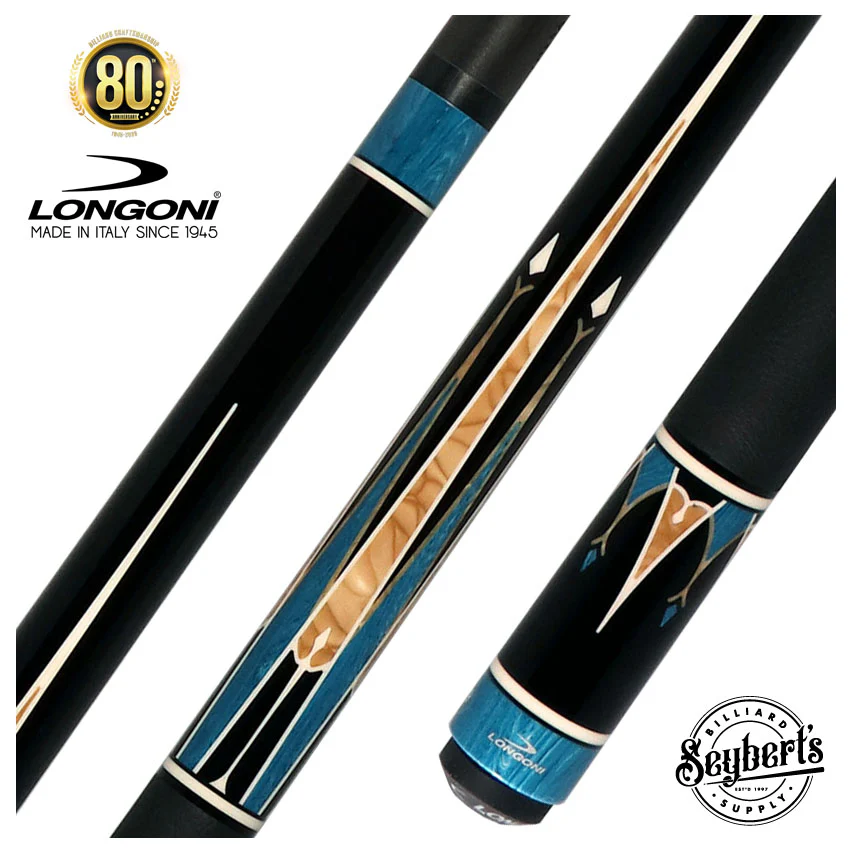Longoni Galaxy Cyan Pool Cue with Elk Leather Wrap and Luna Nera Shaft
