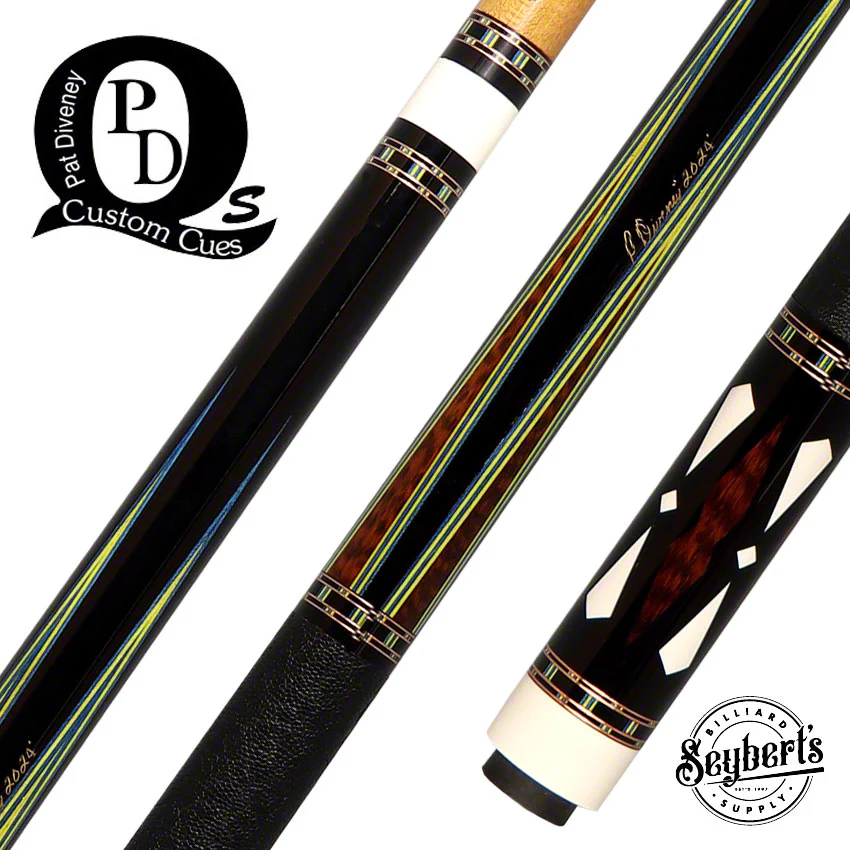 Pat Diveney Ebony 4-Point Snakewood and Elephant Wrap Custom Pool Cue with Two Honey Roast Trans-K Shafts - DC3800EB4P