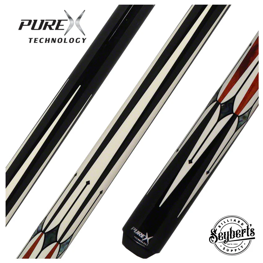 PureX Technology Pool Cue - Black 6 Pt. with Imitation Bone, Cocobolo and Abalone Diamond Insets Graphics - HXTE1